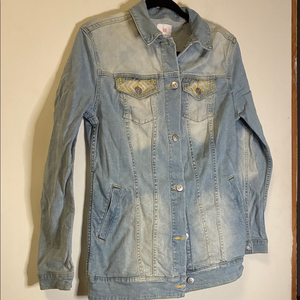 LuLaRoe Light Blue Jean Jacket with Button Accents and Aztec Design